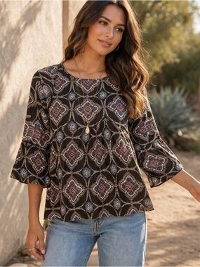 Agnes & Dora Blue Red Bohemian Design Blouse Bell Sleeve Round Neck Size XS